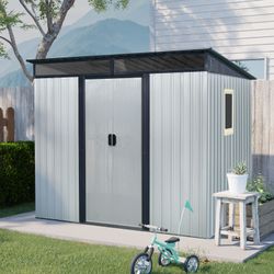 8 ft x 6 ft Outdoor Metal Storage Shed with Window and Transparent plate for Garden, Lawn (White and Black)(W540P185323)