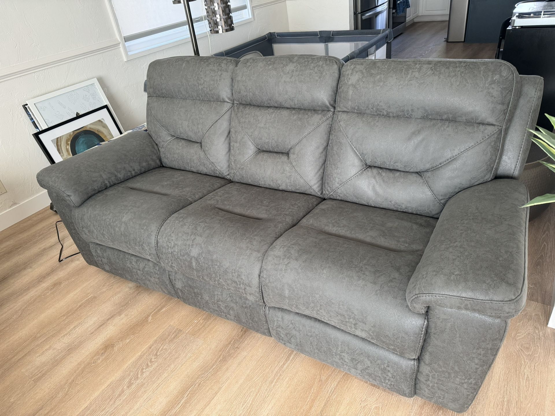 Gray Reclining Couch With USB Ports