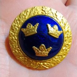 Vintage Sporrong & Co Stockholm Royal Swedish Three Gold Crowns Blue Brooch Pin