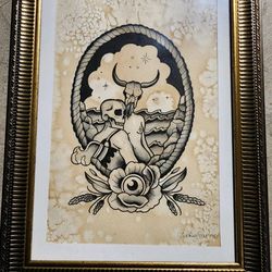Original Tattoo Flash Artwork Signed Western Skull Ink Framed