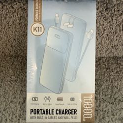 Brand new portable charger 10000mAh power bank with built in cables and wall plug 