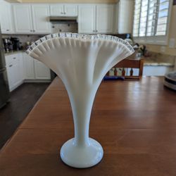 Large Vintage Fenton Glass Fan Vase Silver Crest Ruffled Petticoat Vase Tall 13" 1940's