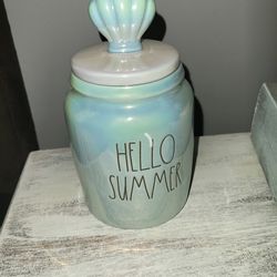 Rae Dunn Hello Summer Beach Canister, aqua iridescent, rare