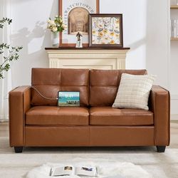 Brown Modern Faux Leather Loveseat Couch 