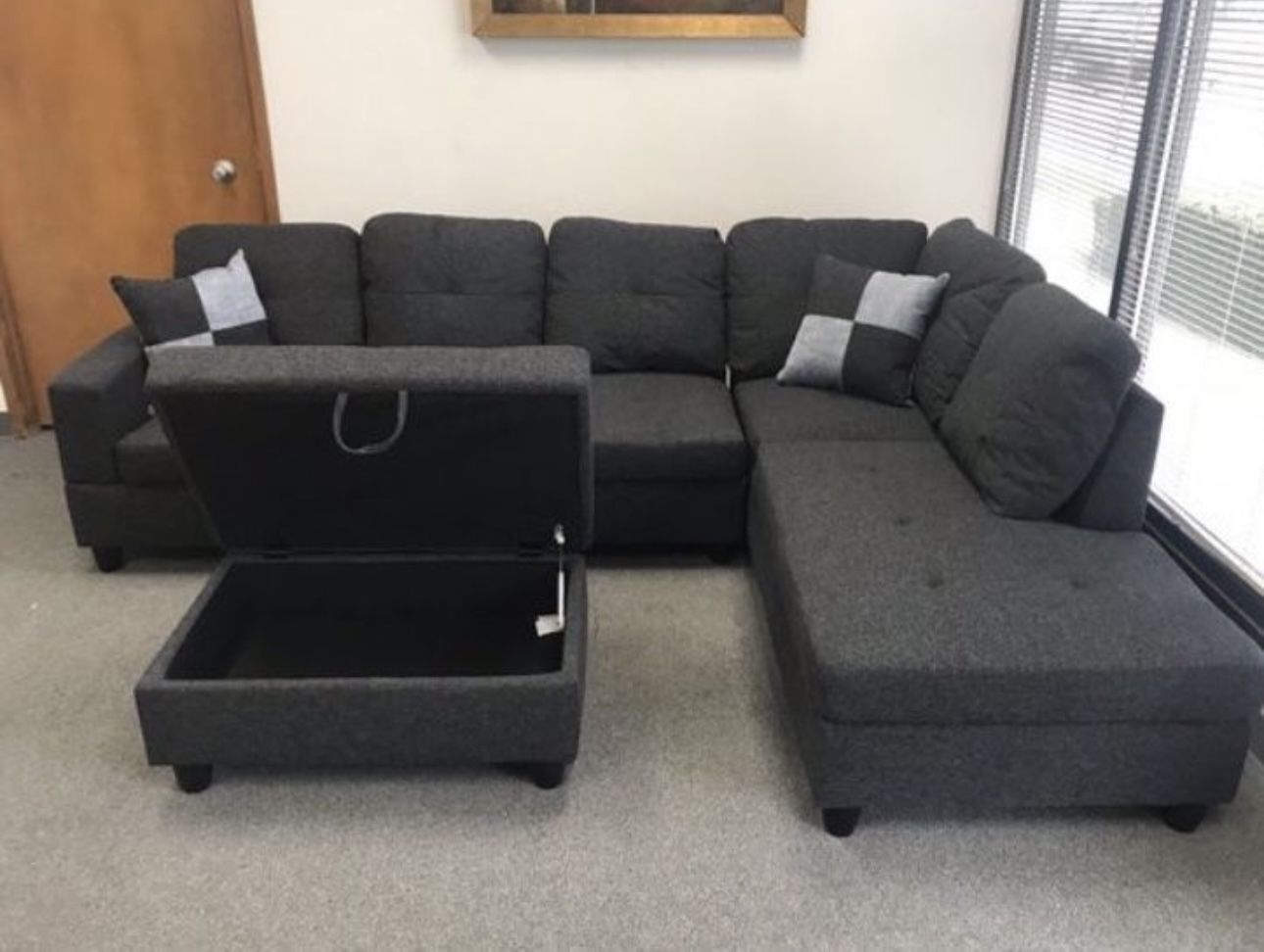 Charcoal Linen Sectional Couch And Ottoman