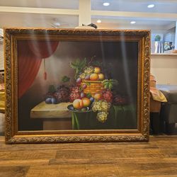 Large Framed Still Life Painting - Ornate Gold Frame - Traditional Fruit Basket Art