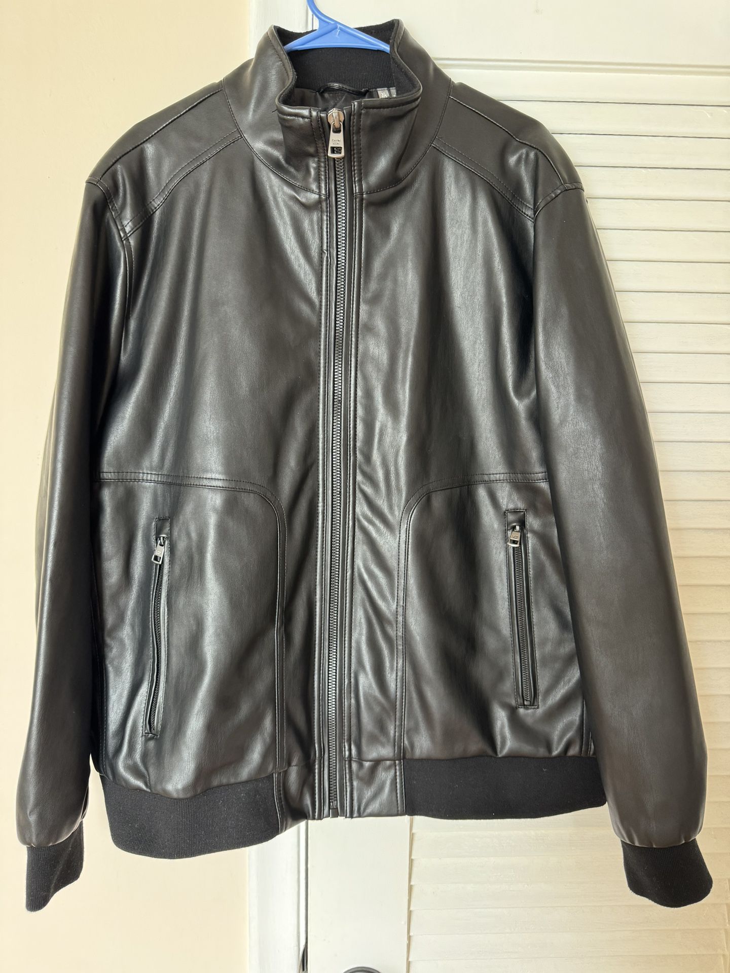 Calvin Klein Faux Leather Bomber Jacket Full Zip Collar Pockets All Black XL