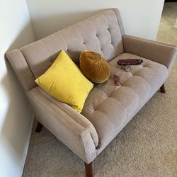 Used beige  microfiber mid century modern style loveseat