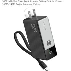 Kuulaa 35W Portable Charger with Built in Cable and AC Wall Plug, 5000 mAh Mini Power Bank, External Battery Pack for iPhone 16/15/14/13 Series, Samsu