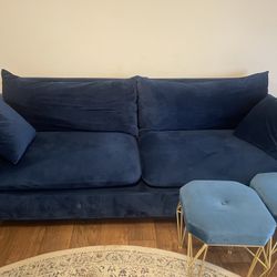Blue Couch Plus Two Foot Stools 