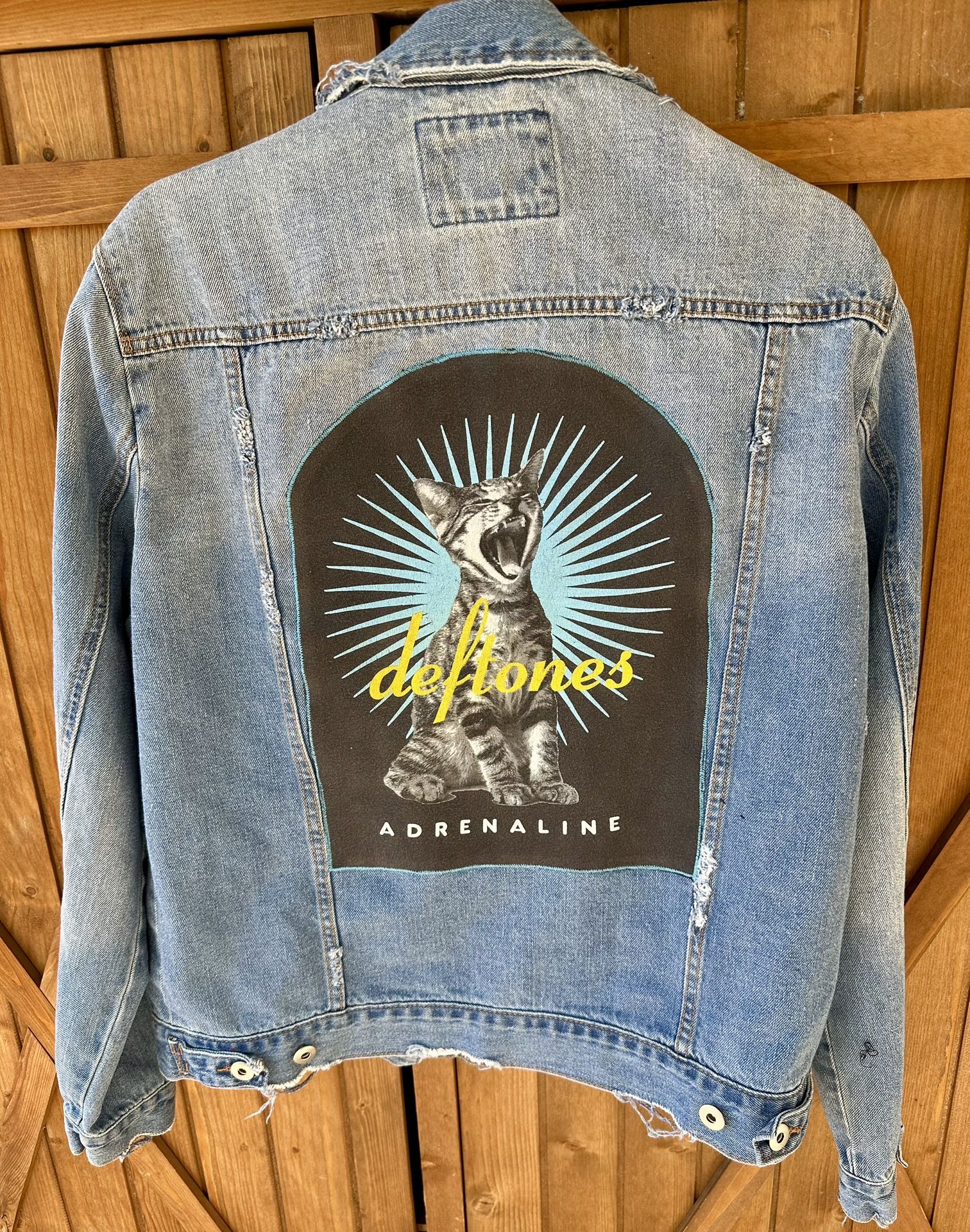 Men’s deftones distressed jean jacket made by hubs and Hers-Large
