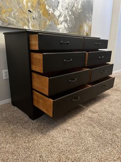 3 Foot Tall Antique Solid Wood Black WHITNEY Credenza - 8 Dovetail Drawer  Dresser w/ Pewter Hardware for Sale in Gilbert, AZ - OfferUp