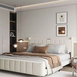 Full Boucle Upholstered Bed Frame with Wingback Headboard, No Box Spring Needed, Easy Assembly, Platform Bed with Wooden Slats, Beige (King (U.S. Stan