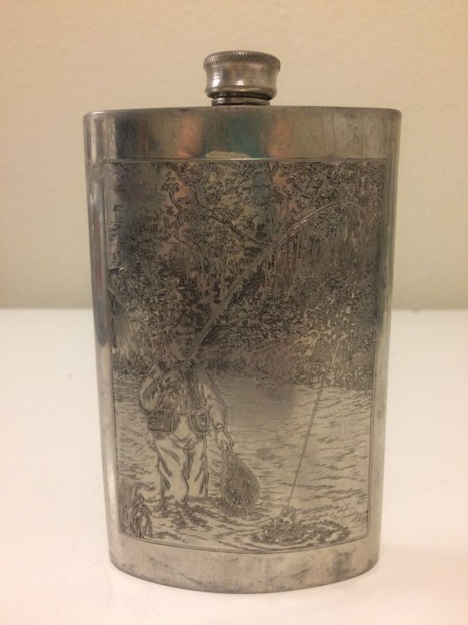Vintage Highly Collectible Orvis Pewter Sheffield England 8oz Flask With Trout Fly Fishing Scene