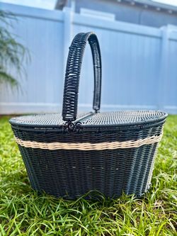 Blue Wicker Picnic Basket with Lid