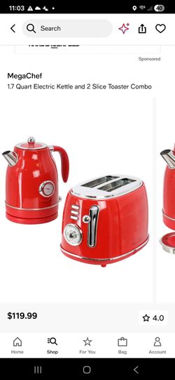 MegaChef 1.7 Liter Electric Tea Kettle and 2 Slice Toaster Combo in Red