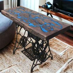 Unique live edge black walnut slab table,lichtenberg figures and blue epoxy resin inlays,Singer sewing machine base