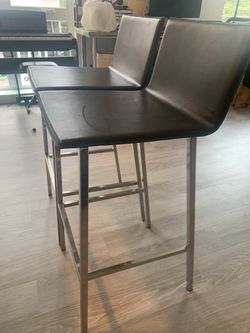 Pair of CB2 Modern Leather and Chrome Bar Stools