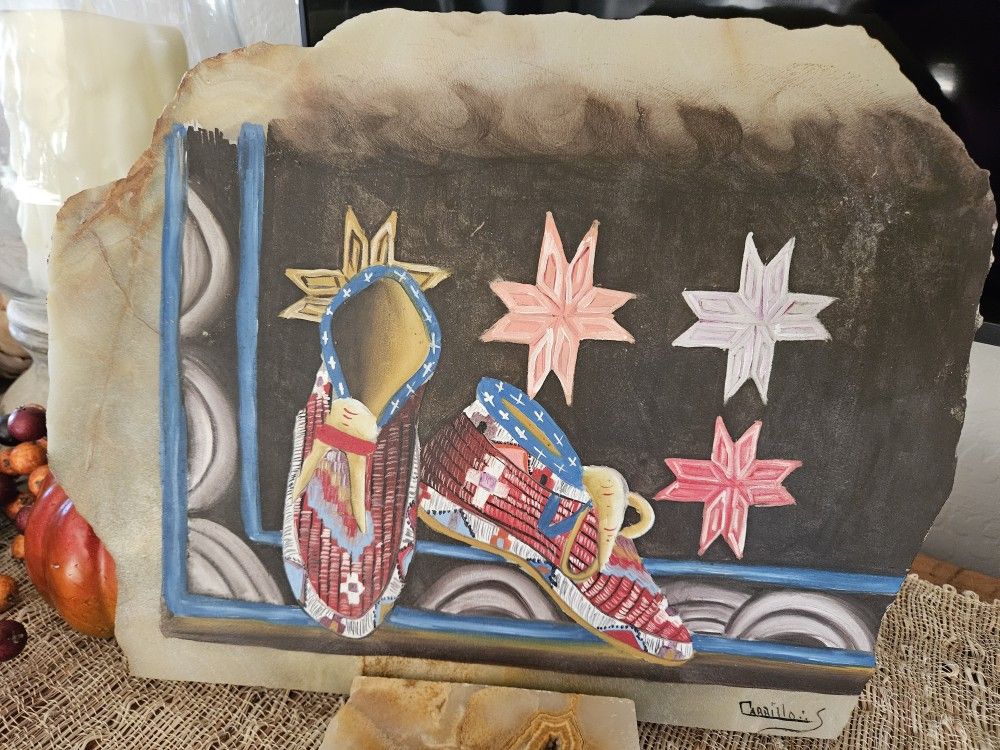 Southwest Moccasin Painting On Stone With Holder!