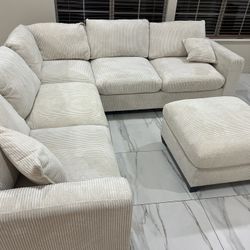 New Corduroy Sectional.  Off White / Beige.  99” X 99”.  Free Delivery!