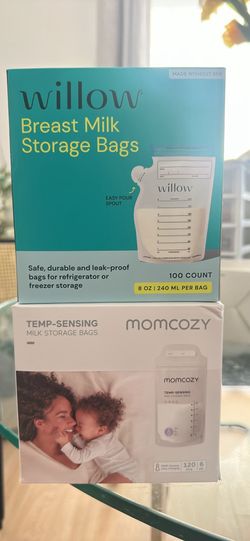 Boxes of Momcozy and willow breast milk bags