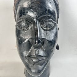 Vintage Hand-Carved Wood Bust – Folk Art Outsider Primitive Americans Sculpture 