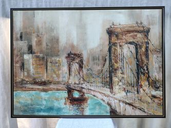 Framed canvas print, bridge and cityscape