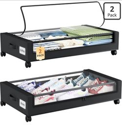 Under Bed Storage with Wheels, 2 Pack Bed Storage Containers with Dividers & Clear Lids, Easy Pull-out Metal Drawer for Clothes, Shoes,Toys, Blankets 