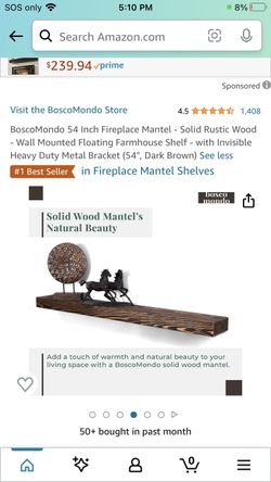 BoscoMondo 54 Inch Fireplace Mantel - Solid Rustic Wood - Wall Mounted Floating Farmhouse Shelf -