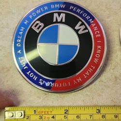 BMW 50th Anniversary Badge Emblem For Hood Or Trunk. SEE ALL PICS FOR DOOR LIGHTS, RIM CAPS, SEAT BELT PADS ETC! SOLD SEPARATELY.  SHIPPING AVAILABLE 