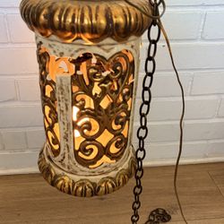 Vintage Cream/Gold Hanging Ceramic Light - 9" Diameter x 21" Tall