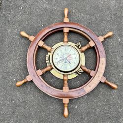 Vintage wood & Brass Porthole Ship Wheel Clock 24.5” across nautical decor