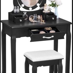 ANWBROAD Makeup Vanity Desk Vanity Set with LED Lighted Mirror Makeup Table Set 10 LED Dimmable Bulbs Cushioned Stool 3 Drawers 3 Dividers for Bedroom