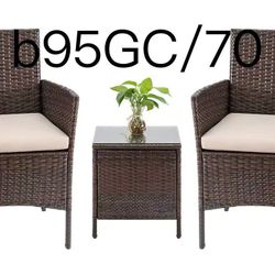 3 Pieces Patio Furniture PE Rattan Outdoor Set with Table (Brown) 