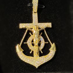 14K solid Yellow Gold CZ stones Jesus Anchor Mariner Cross Religious Pendant Charm 7.2 grams