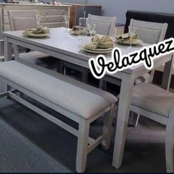 ✅️✅️ 6 pc light finish wood  dining table set padded seat chairs and bench ✅️✅️