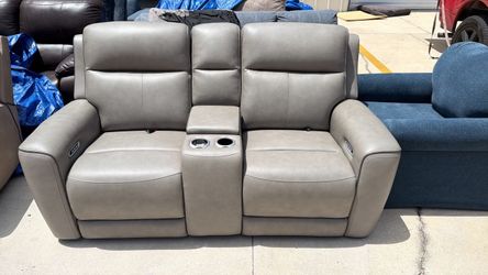 Gray Leather Power Reclining Loveseat with Console