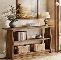 Solid Wood Console Table, 63 Inch Rustic Pinewood Entryway Table with Storage Shelves, 3-Tier Sofa Console Behind the Couch for Hallway, Foyer, Living