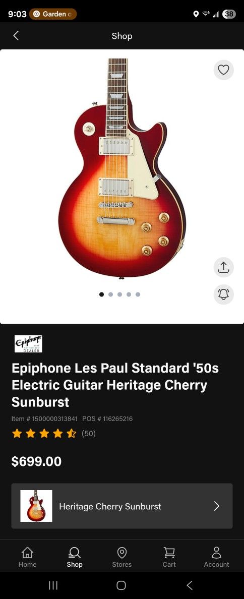 EphEpiphone Les Paul Standard '50s Electric Guitar Heritage Cherry Sunburst