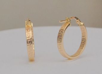 14K Yellow Gold Greek Key Hoop Earrings 19.3mm
