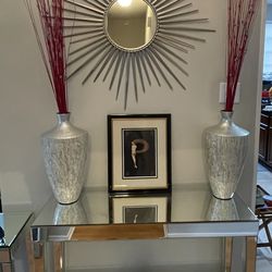 Entry Table ( glass) 2 Vases and Mirror