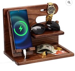 Wooden Phone Docking Station, Key Holder Wallet Stand Watch Organizer