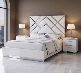 White Modern Platform Bed with Upholstered Headboard