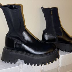 Zara Platform Boots Women's Size 36 Black Sock Side Zip Thick Chunky Lug Sole
