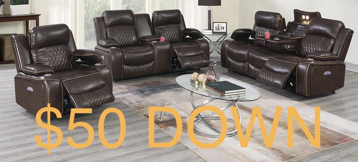 (Easy Finance and Free Delivery) New Brown Power Leather Set