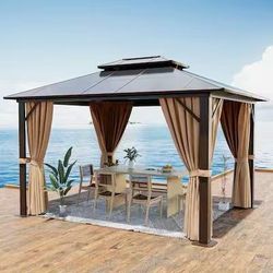AOXUN 10-ft x 12-ft Brown Rectangle Gazebo with Hardtop Roof (Screen Included) 