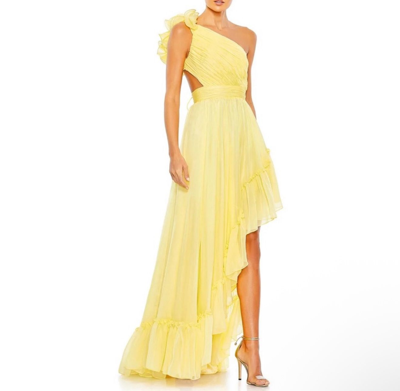NWT Yellow Ruffled One Shoulder Asymmetrical Gown Mac Duggal Size: 12