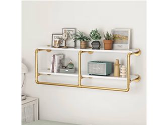 48" Gold Industrial Pipe Floating Shelves 2-Tier Wall Mounted Wood Shelf