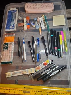 School & Office Supply Lot - Pens, Markers, Storage Bin & Pouch