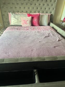 Luxury Queen Storage Bed Frame – Gray Velvet Tufted Headboard